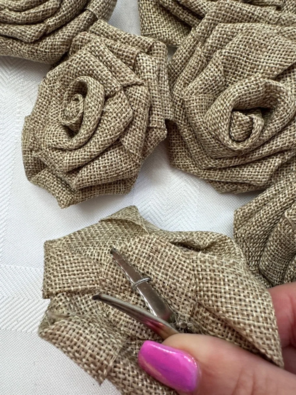 Burlap Fabric Rosette Flowers With Clips - Neutral Tan